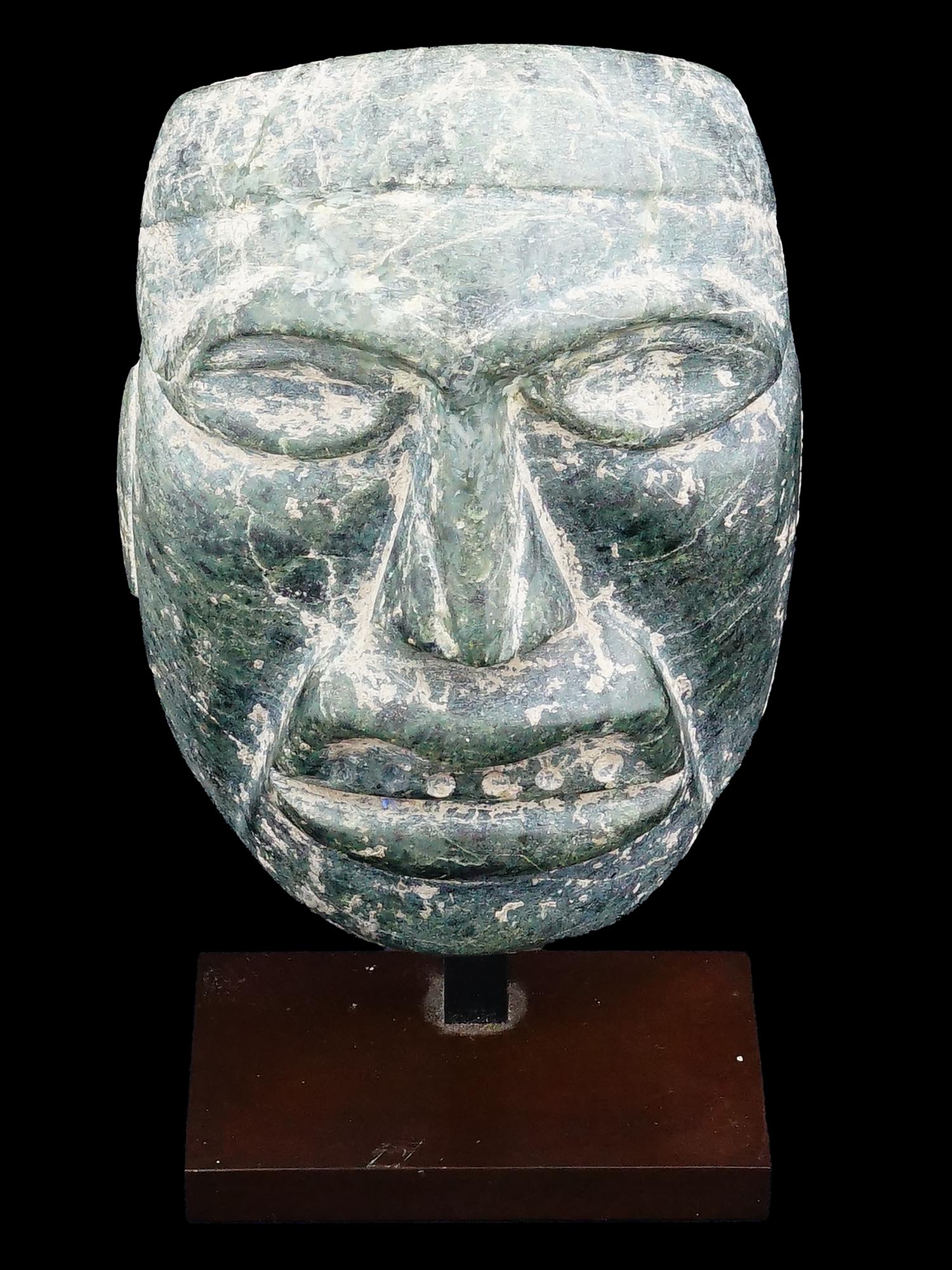 Ancient Pre Columbian Mesoamerican Jade Mask with Stand