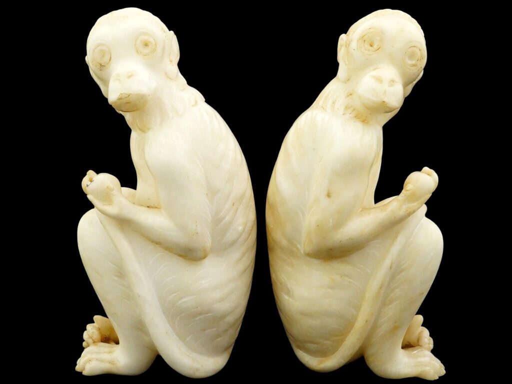 Pair Vintage Italian Alabaster Sculptures of Seated Macaques Monkeys