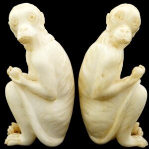 Pair Vintage Italian Alabaster Sculptures of Seated Macaques Monkeys