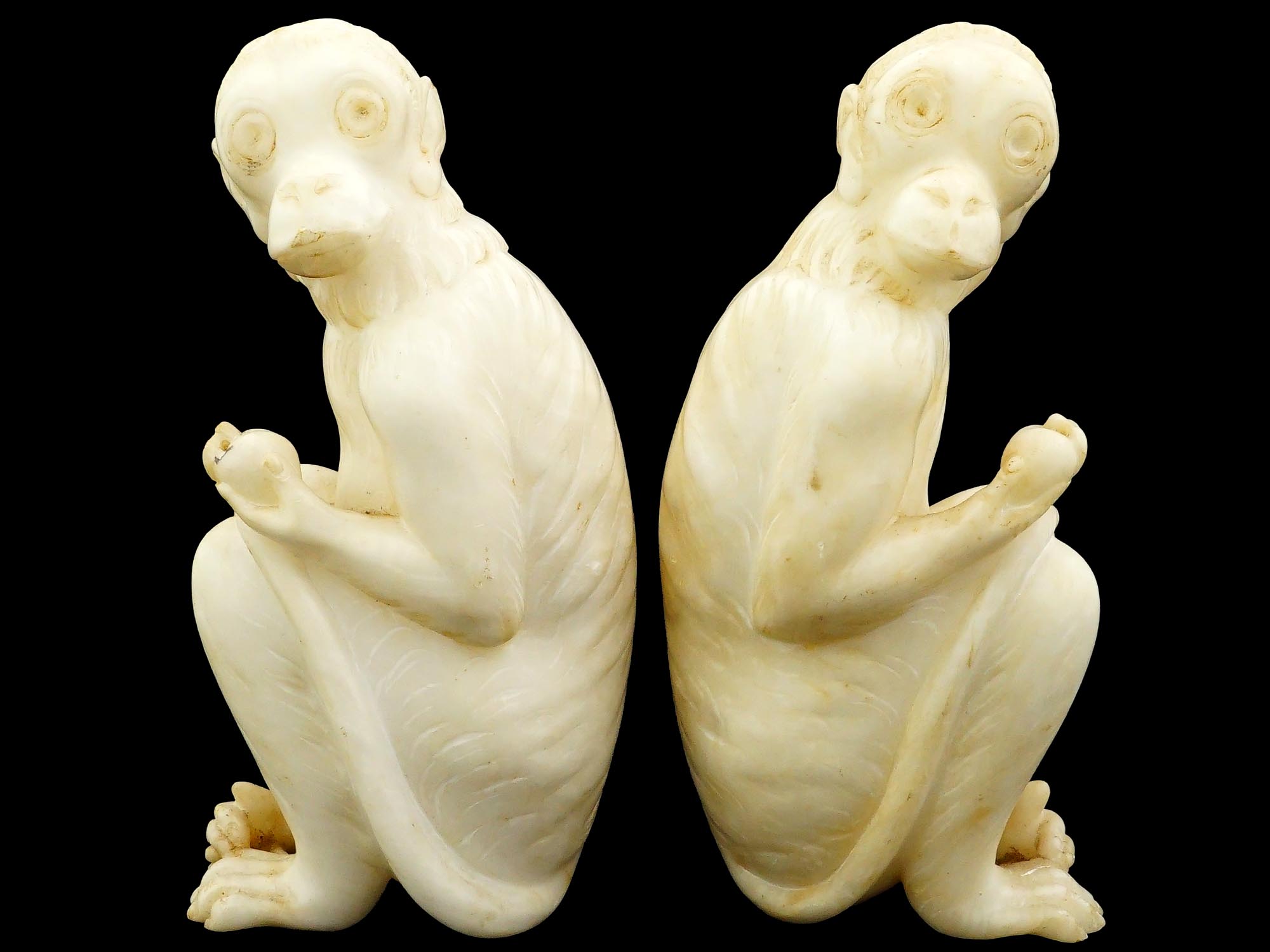 Pair Vintage Italian Alabaster Sculptures of Seated Macaques Monkeys